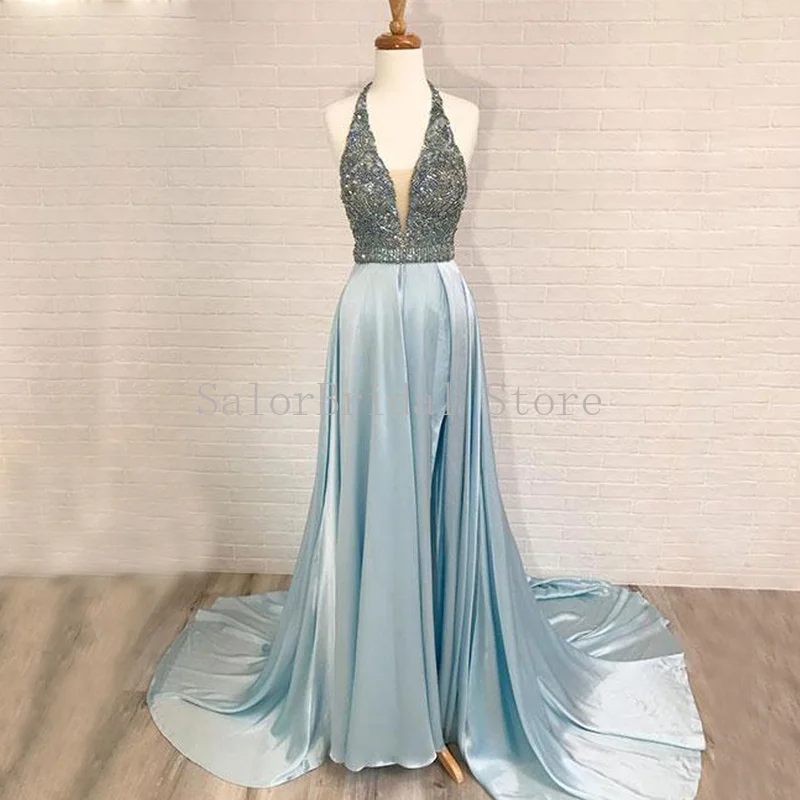 

Sexy Light Blue Evening Dresses Deep V-Neck Beaded Formal Party Gowns Sleeveless Split Prom Dresses for Women Vestido De Noiva