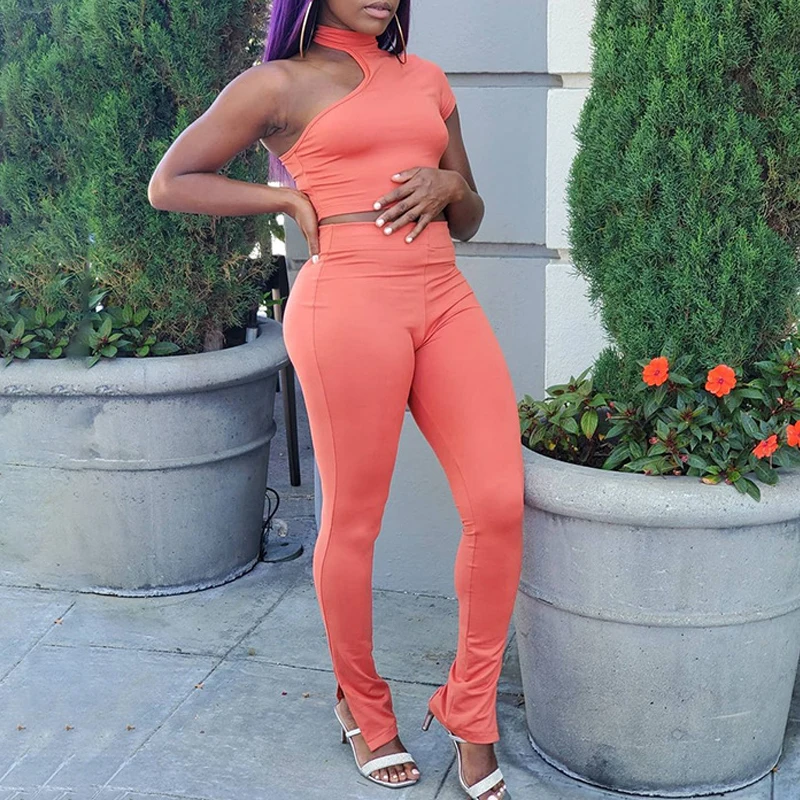 

Two Piece Set Women Solid Sporty Oufits One Shoulder Cut Out Bodycon Tshirt Top Joggers Split Sweatpants Slim Pencil Pants Sets