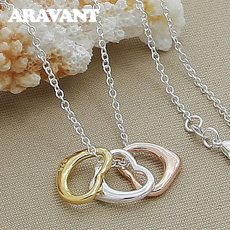 

925 Silver 3 Color Heart Pendants Necklace Chains For Women Fashion Wedding Jewelry