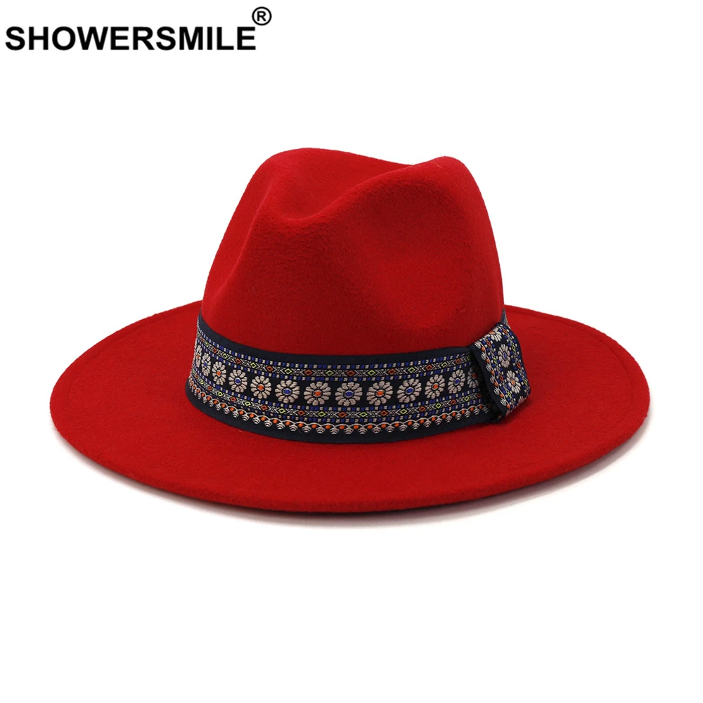 

SHOWERSMILE Red Fedora Hat Wool Women Men Felt Trilby Hat for Gentleman Lady British Style Wide Brim Woolen Panama Sombrero Cap