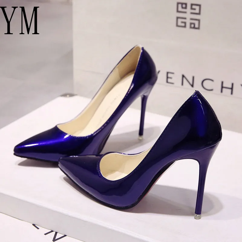 Blue 10CM Пикантная женская обувь; туфли-лодочки с острым носком; модельные туфли из лакированной кожи; туфли-лодочки на высоком каблуке; свадебные туфли; zapatos mujer; цвет белый, синий, красный - Цвет: Blue 10CM