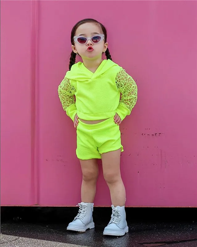 Summer Toddler Kids Baby Girl Clothes Hollow Out Solid Long Sleeve Hodded Tops Shorts Pants 2Pcs Outfits Sport Set |