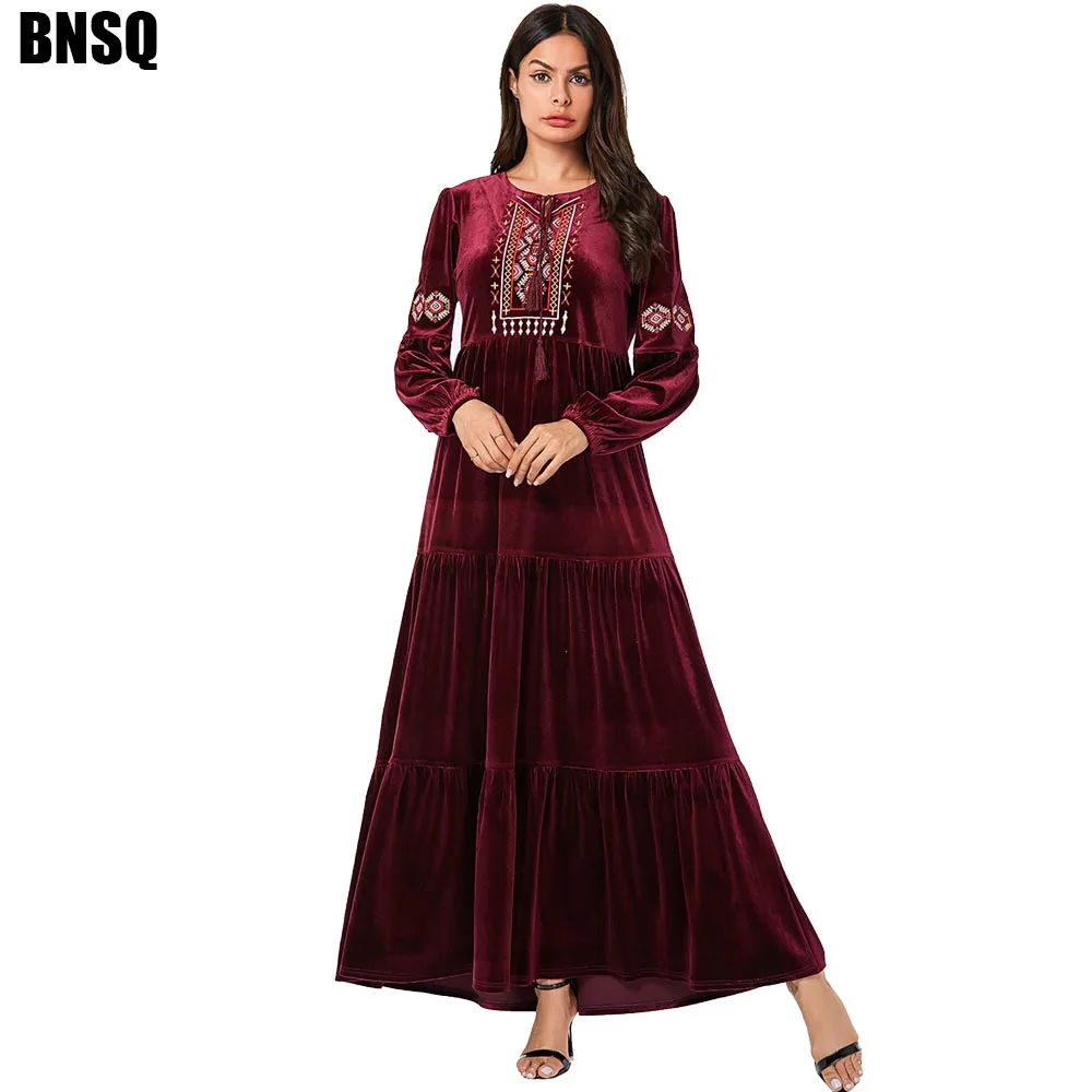 Длинное вельветовое платье-Абая BNSQ платье цвета красного золота с цветочной