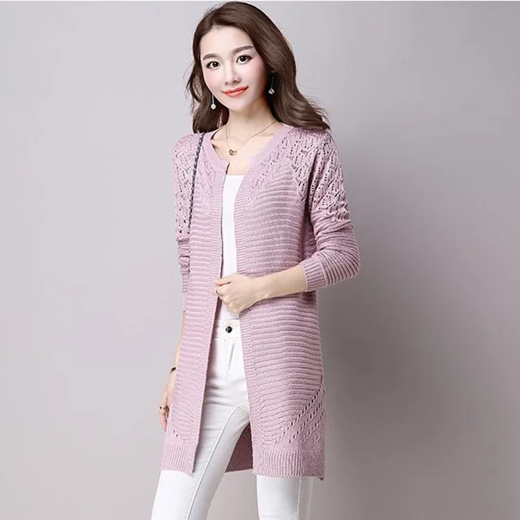 Women Hollow-Out Cardigans Knitted Sweater Long Sleeve Solid Color Slim Coat Casual Loose O-Neck Elegant Patchwork Sweaters |