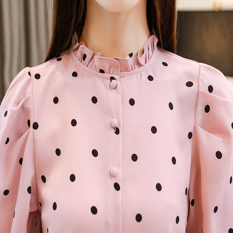 

Women Spring Autumn Style Blouses Shirts Lady Casual Long Sleeve Stand Collar Polka Dot Print Blusas Tops