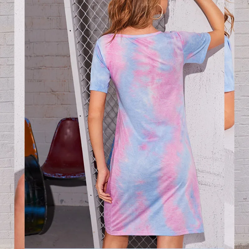 

Tie-dye Dress Women Bow-knot Decoration Elegant Short Sleeve Dresses Sexy Casual Party Dress 2021 Summer Plus Size