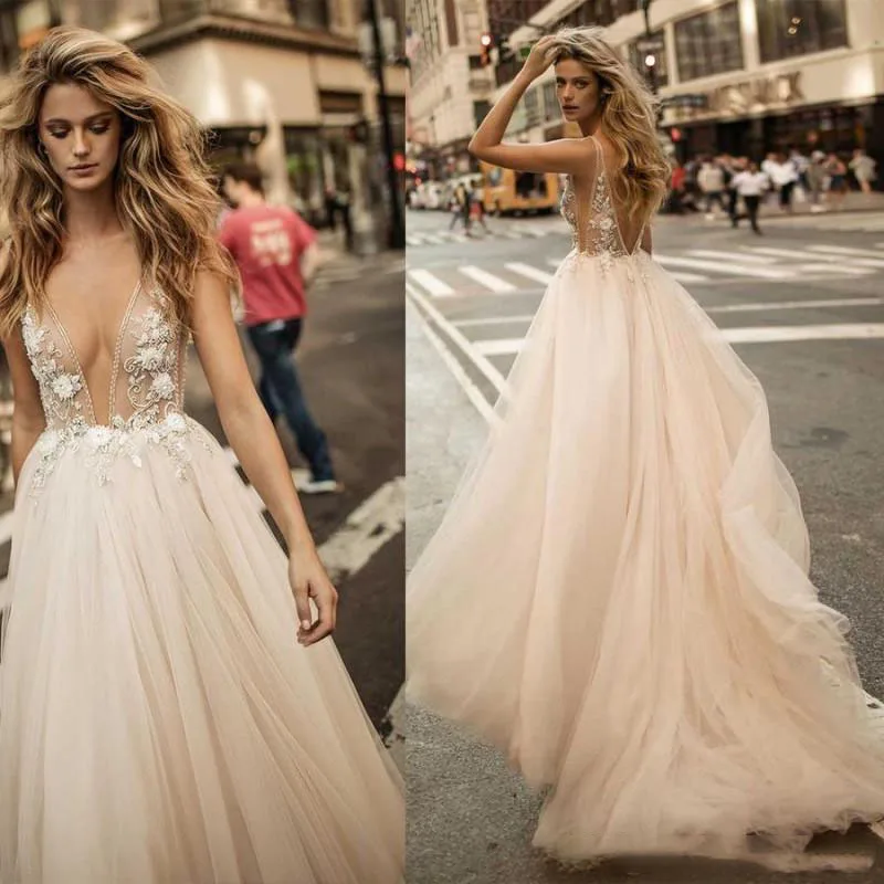 Beach Wedding Dress Sexy Backless Deep v neck Bridal Gowns Summer Boho champagne Wedding Dress robe de soiree grace kelly wedding dress