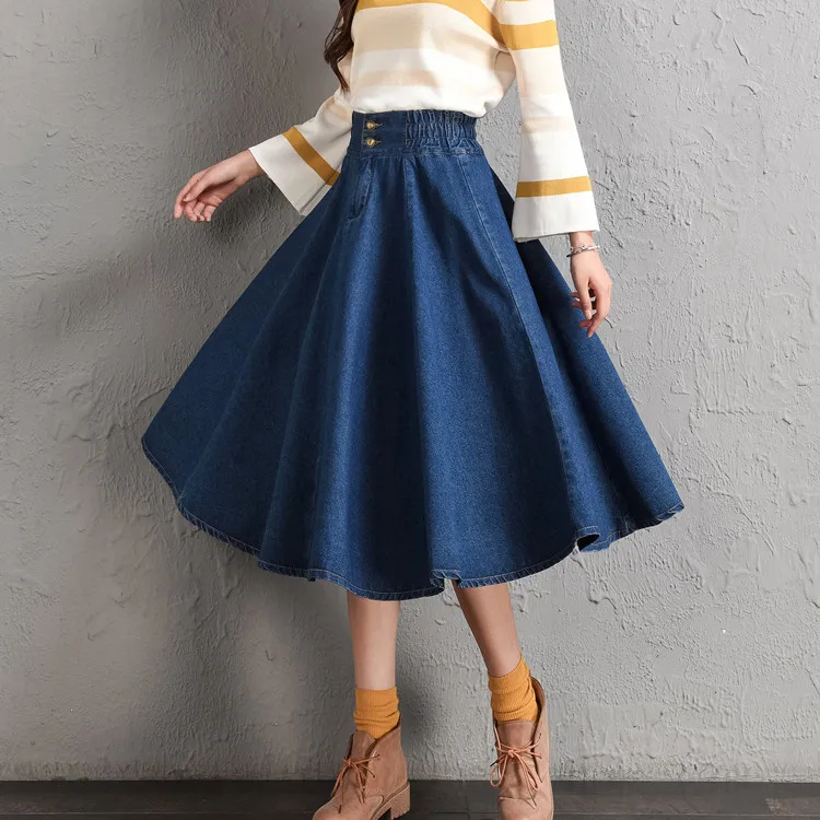 Женская джинсовая юбка с завышенной талией трапециевидная из денима большие