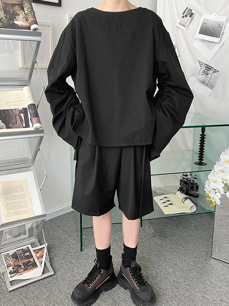 

Niche Korean Design Streetwear Pullover Loose Shirring Long Sleeve Casual Shirt for Men and Women Couple Black White Shirt Male