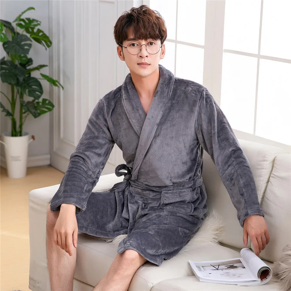 

Серое Фланелевое теплое мужское кимоно халат ночная рубашка осенне-зимняя одежда для сна с карманами плотный банный халат из кораллового ф...