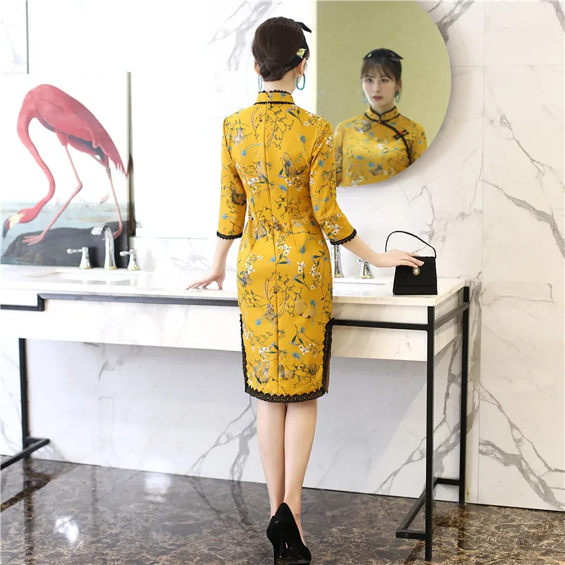 Высококачественная элегантная замшевая ткань Qipao китайское народное женское Повседневное платье с рукавом три четверти С Принтом Короткое платье Cheongsam S-2XL