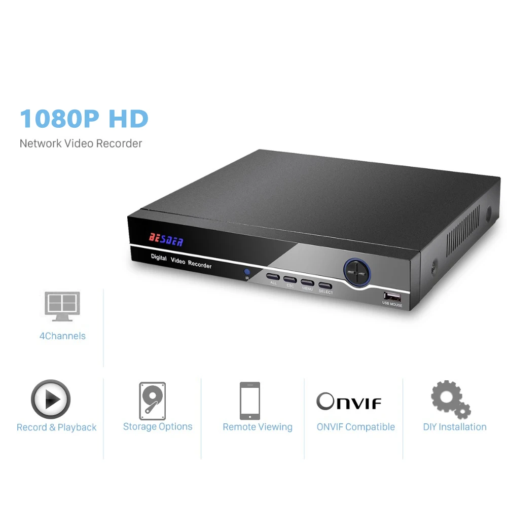 Besder 48V IEE802.3af активный PoE NVR Регистраторы обнаружения движения сигнализации безопасности наблюдения NVR 4CH 1080P с 4CH PoE Порты и разъёмы 48V