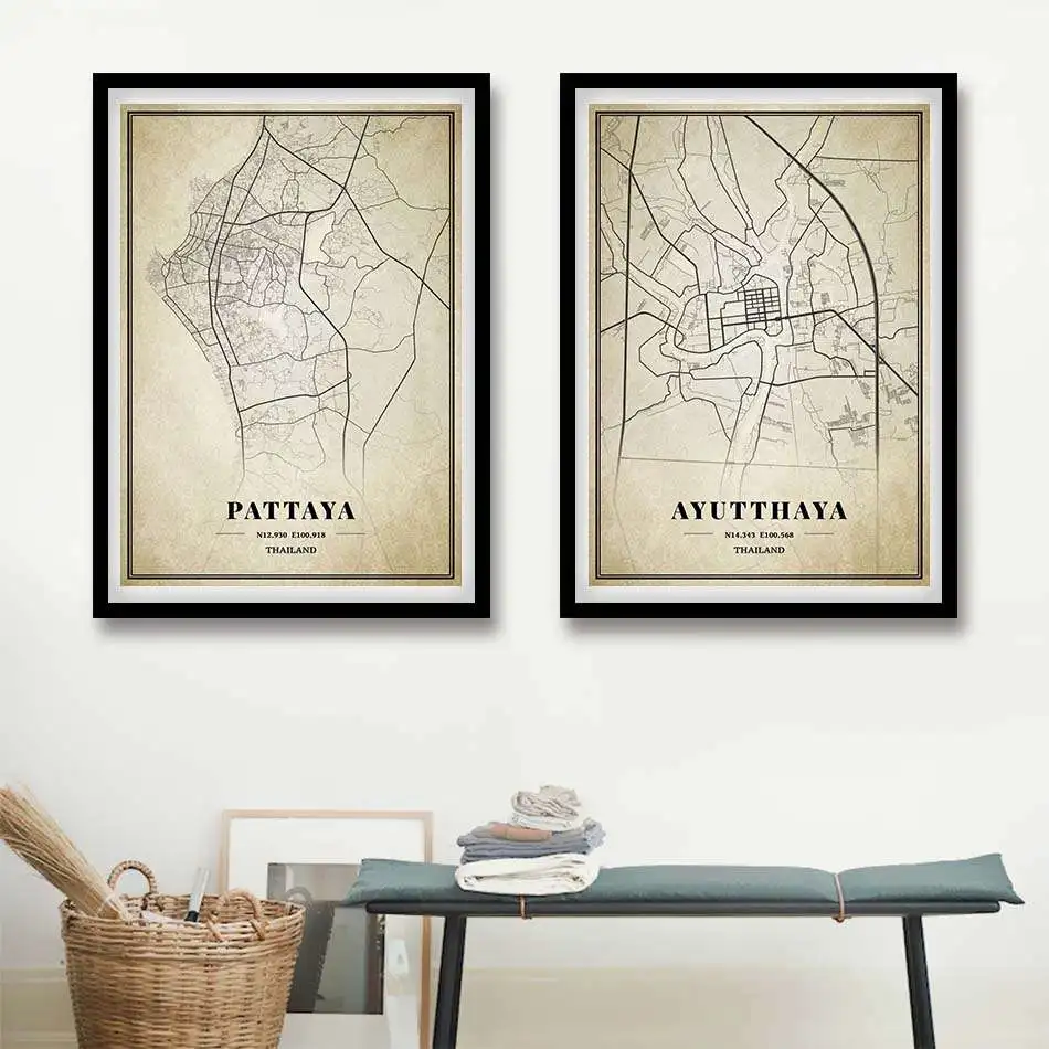 Thailand Bangkok Phuket Chiang Mai Pattaya Chumphon Ratchaburi Vintage City Map Canvas Painting Kraft Poster Coated Home Decor | Дом и сад