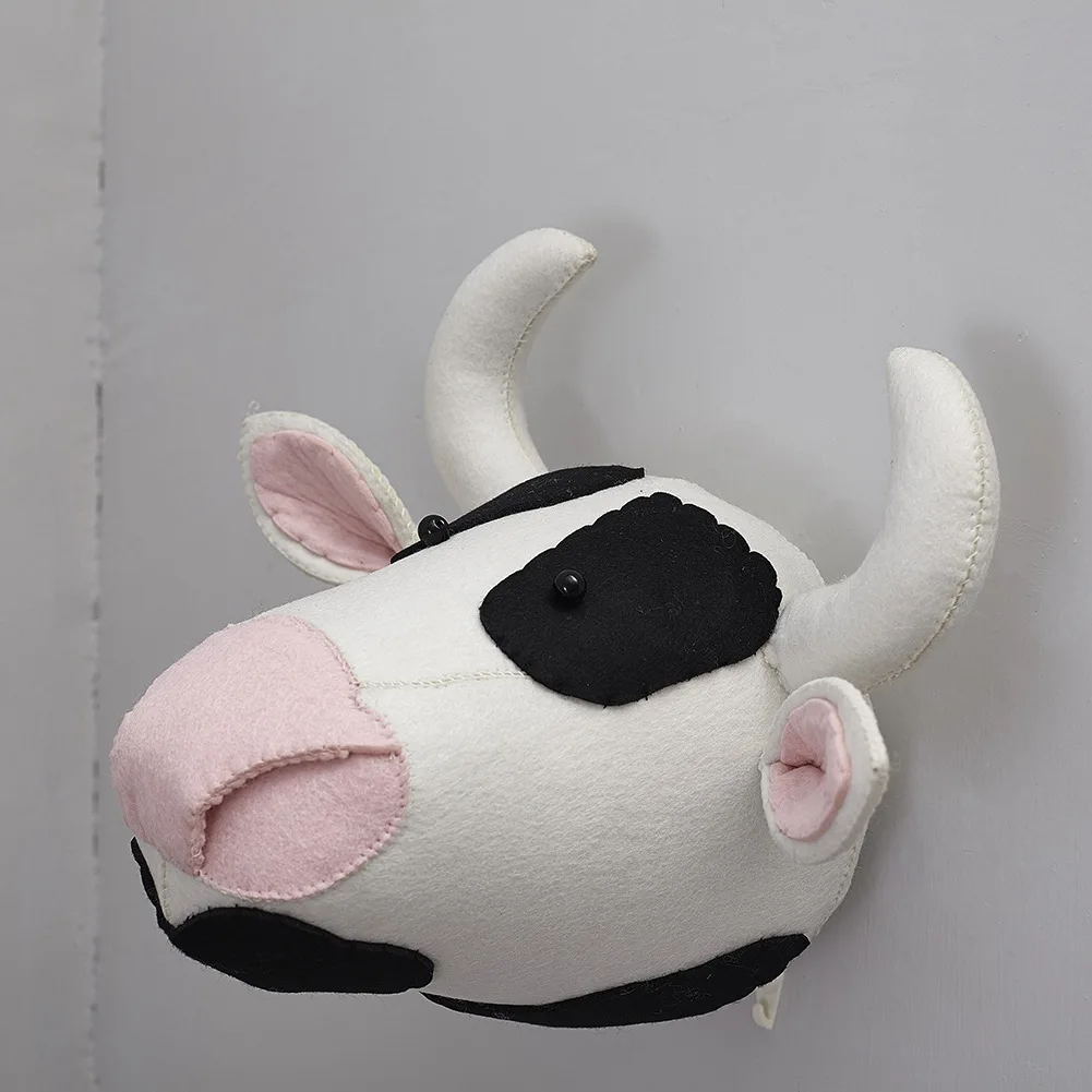 Cow Голова животного, плюшевая кукла, фламинго, голова слона, настенное крепление, мягкие плюшевые игрушки, украшение для детской спальни, войлочные настенные куклы, реквизит для фотосессии - Цвет: Cow
