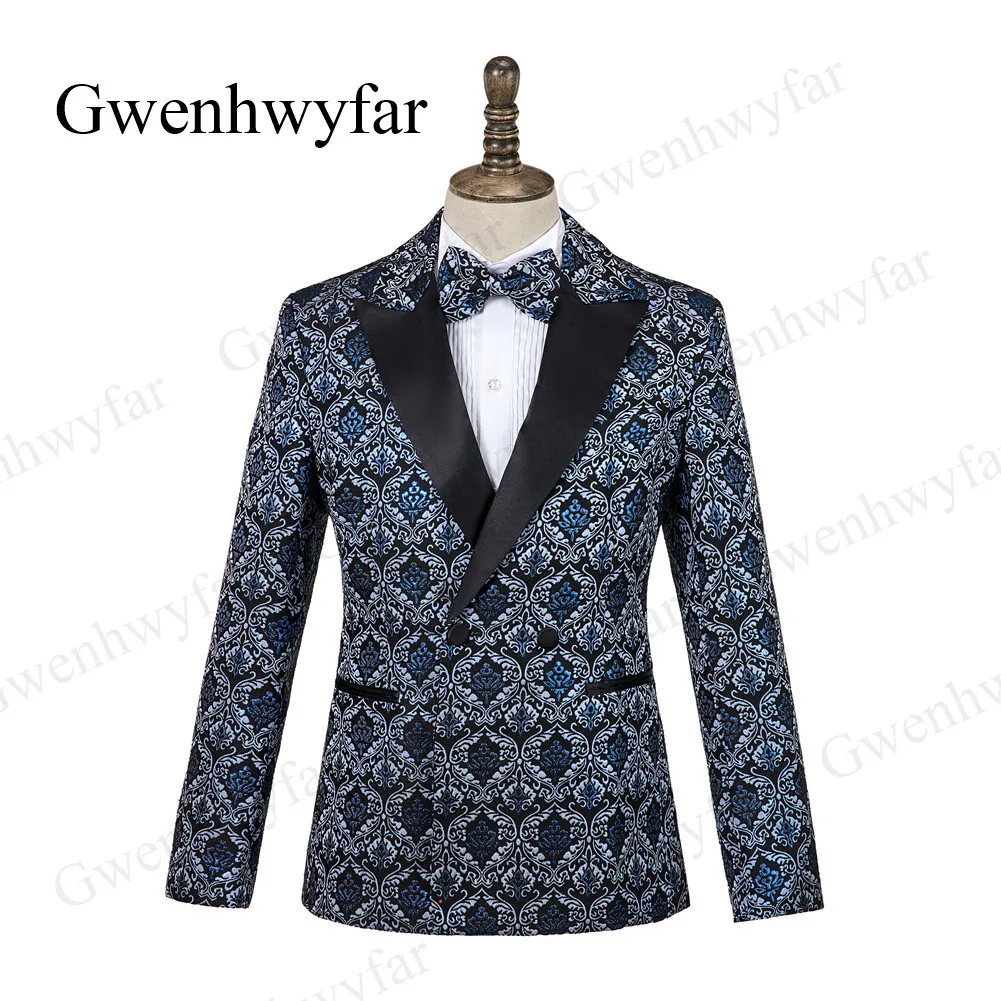 Gwenhwyfar мужской модный двубортный костюм синий цветочный Jacqaurd высококачественные для жениха костюмы для вечеринки Выпускной сценический костюм певица
