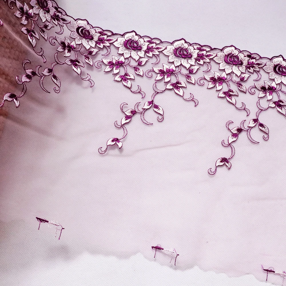 

1Meter 21.5CM Wide Purple Floral Embroidery Lace Trim Dark Pink Mesh Lingerie Bra Underwear Handmade Doll's Dress Sewing Fabric