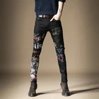 Брюки-Карандаш мужские в стиле панк, уличная одежда, модные джинсы с эластичным принтом, дизайнерские узкие брюки из денима в стиле хип-хоп с граффити