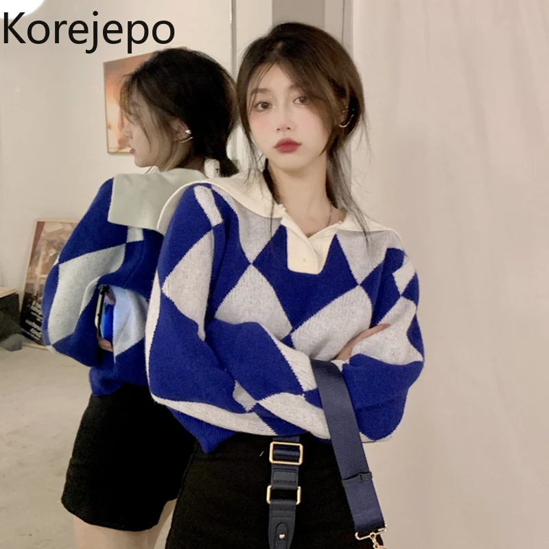 

Короткий пуловер в клетку кореjepo, женский свитер на осень и зиму 2021, новый дизайн, Вязаный топ с отложным воротником и длинными рукавами в ст...