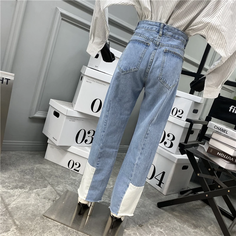 

Fashion Color Contrast Light Colored Jeans 2021 New Arrival High Waist Loose Straight Cuffs Wide Leg Denim Pants Student