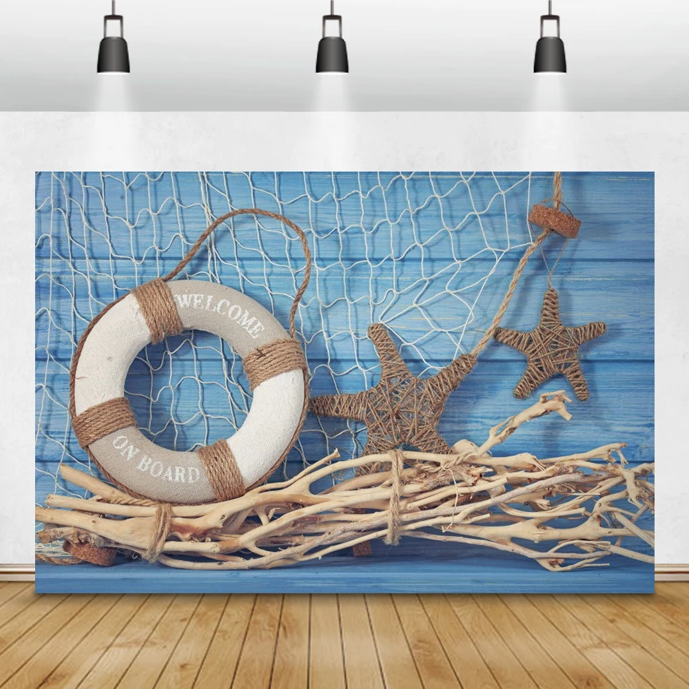 

Laeacco Wooden Board Swimming Ring Starfish Fishing Net Baby Room Photography Background Photographic Backdrops For Photo Studio