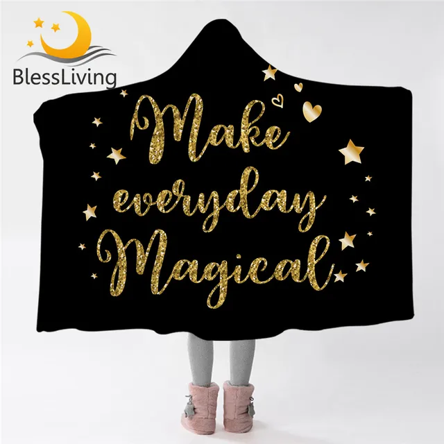 BlessLiving Golden Letters Hooded Blanket for Adults Glitter Microfiber Sherpa Blanket Luxury Wearable Blanket Magic Bedding 1