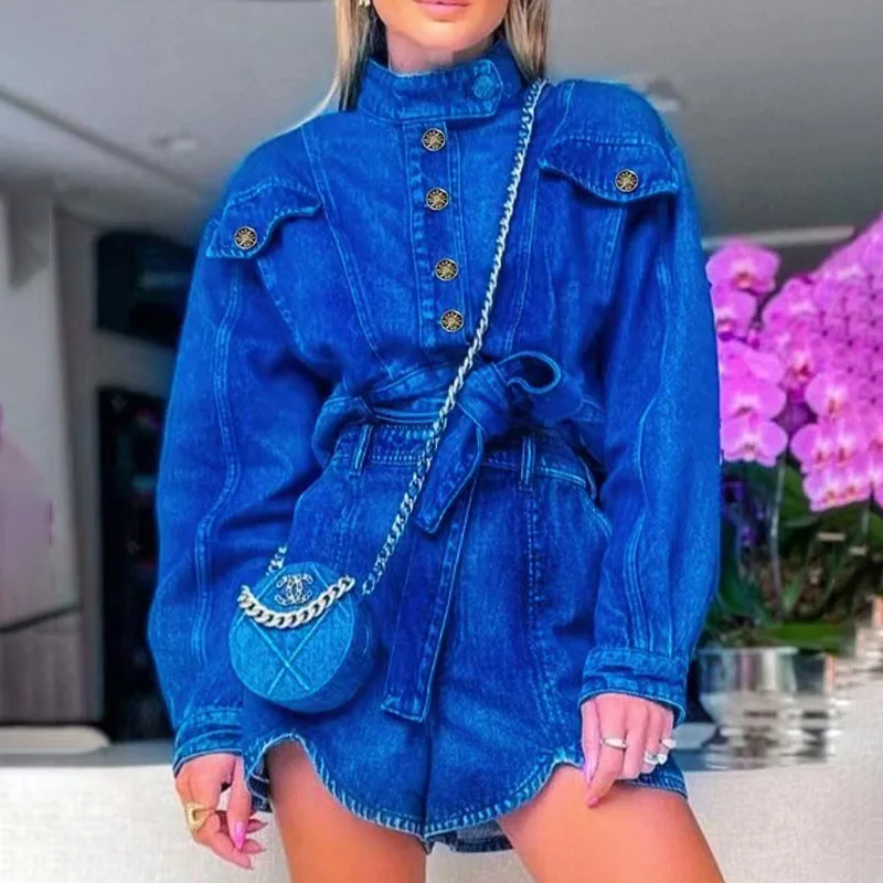 Personalized tooling style jeans suit single-breasted stand-collar jacket + irregular high-waisted straight shorts  clothes