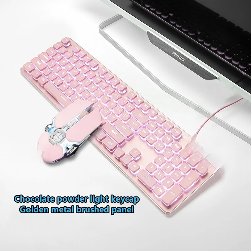 

Mechanical Gaming Keyboard And Mouse Set Pink Mute Silent Film Cute Backlit Desktop Peripherals Suitable Home Office Game