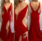 Сексуальные Длинные Красные эластичные вечерние платья с V-образным вырезом и разрезом с открытой спиной со шлейфом Abendkleid Robe de Party для женщин