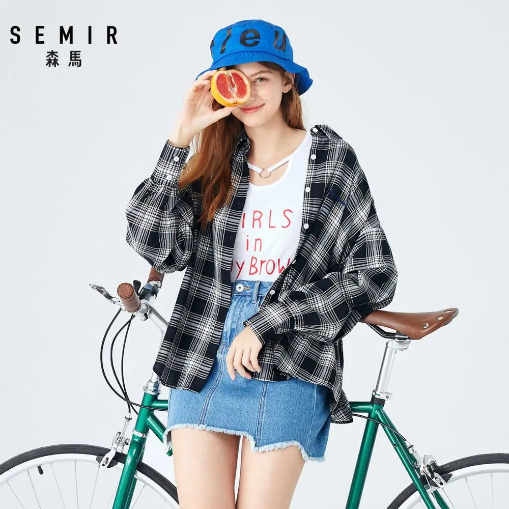 SEMIR Женская клетчатая длинная рубашка из хлопка, куртка с вышивкой, Женская длинная рубашка с отложным воротником и зауженной талией