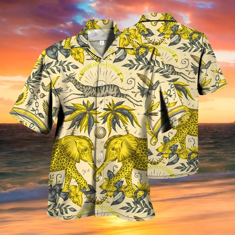 

New Men's Shirt Summer 3D Animal Print Stand-Up Collar Print Breathable Quick-Drying Short-Sleeved Shirt Top Men's Beach Top