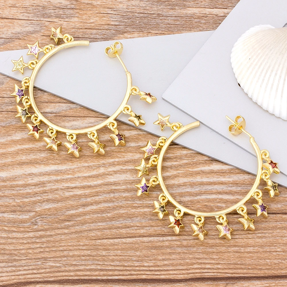 

AIBEF Gold Big Circle Star Shiny Rhinestone Drop Dangle Earrings Rainbow CZ Copper Hanging Earrings For Women Engagement Wedding