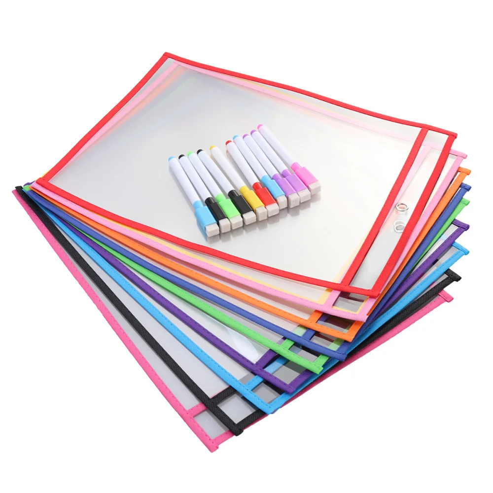 

20pcs Reusable Storage Bag Office Supplies Transparent PVC Sewing Bag Reusable Dry Erase Pockets(10 Standard Bags + 10 Pens)