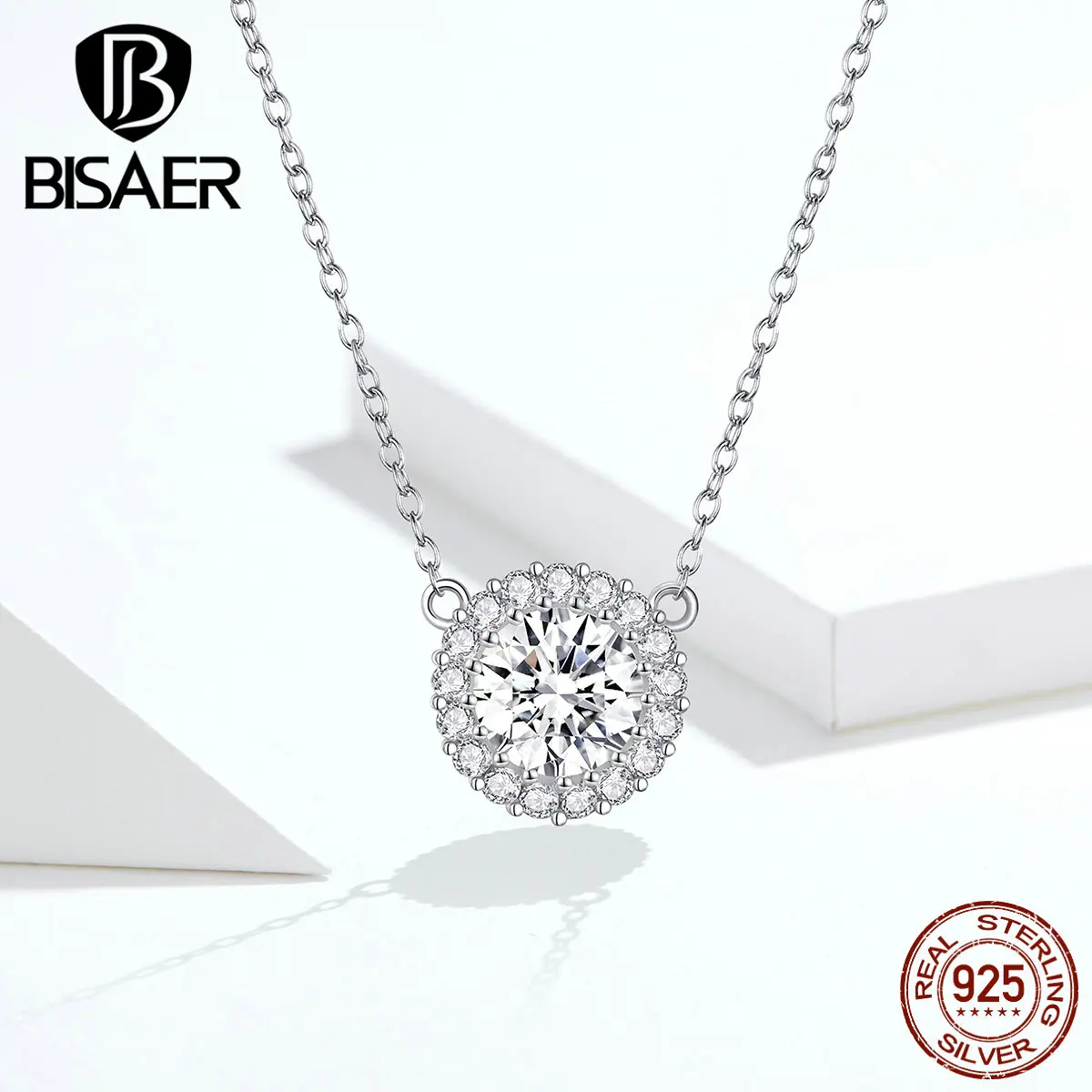 Свадебные ожерелья BISAER 925 пробы серебряная круглая подвеска прозрачный кубический циркон CZ женский воротник роскошные ювелирные изделия ECN345