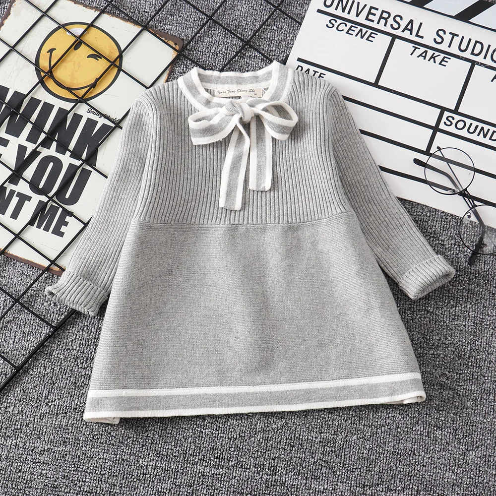 New Pink Brand Toddler Girl Fall Winter Knit Sweater Dress Lovely Bow Kids Winter Dresses Baby Long Sleeve Crochet Dress 0-5Y