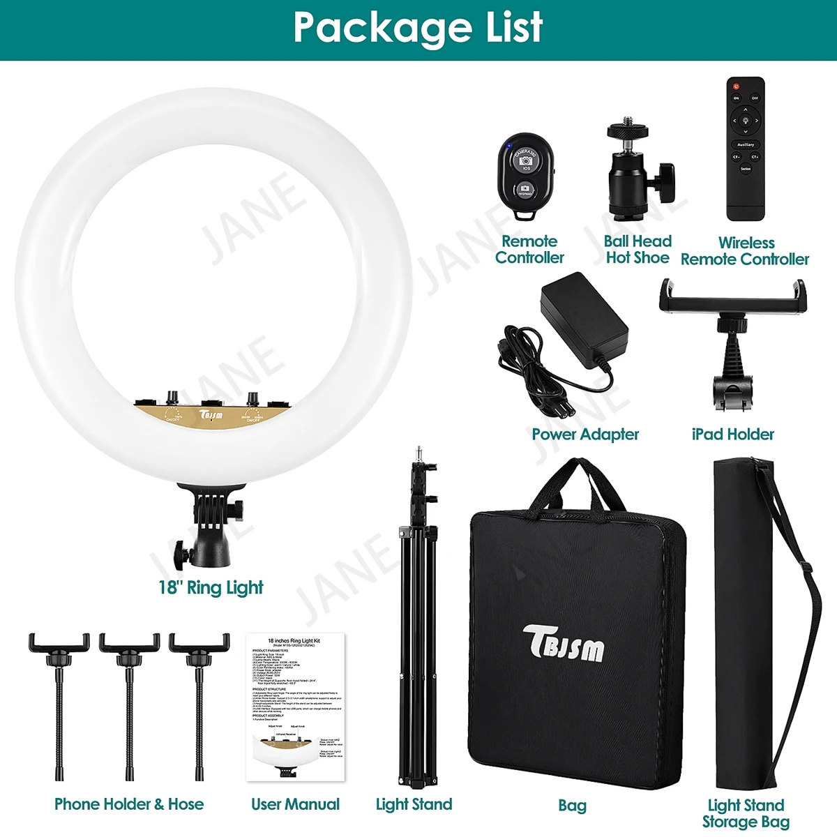 

TBJSM 18-inch Ring Light Kit Ring Light with Light Stand Carrying Bag Adapter for Camera Smartphone YouTube TikTok Self-Portrait