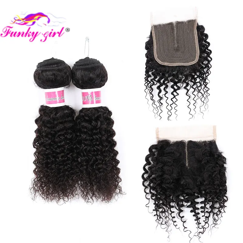 

Short Curly Bundles With Closure 4x1 T Part Lace Closure Brazilian Remy Kinky Curly Weave 100% Human Hair 2 Bundles With Closure