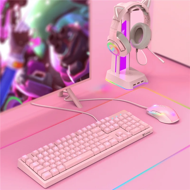 

LIENG New Cute Pink Girl 104-Key Wired Keyboard Mouse Headset Set LED Light Computer Notebooks For Girls