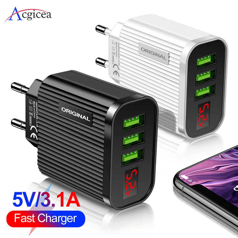 Зарядное устройство с 3 USB портами и светодиодным дисплеем для Samsung S20 смарт