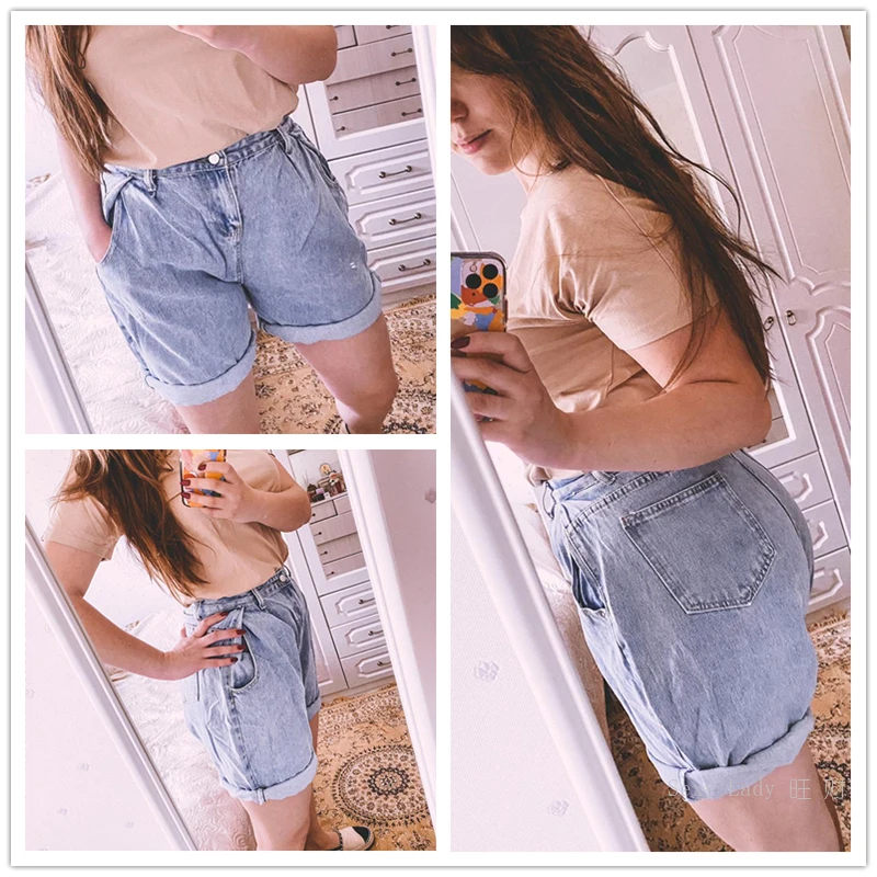

New Woman Wide Legs High Waist Blue Knee-lenght Denim Shorts Casual Female Loose Fit Jeans Vintage Ladies Bermuda Shorts