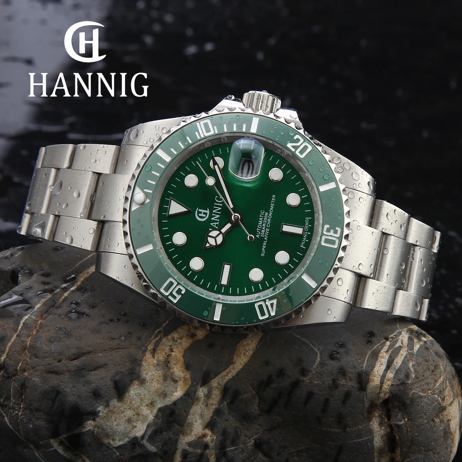 

HANNIG Brand Green Dial Luxury Men Waterproof Automatic Mechanical Water Ghost Watch Ceramic Bezel Luminous Reloj 904L