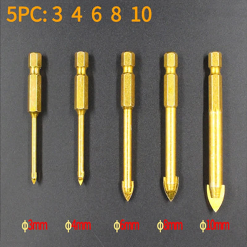 

5pcs 1/4" Hex Shank Glass Bits Titanium Coated Glass Drill Set 3 4 6 8 10mm Tile Concrete Flat Tip Hole Bit Drilling DB02007