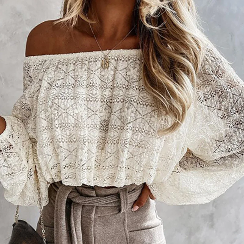 

2021 Lantern Long Sleeve Top Shirt Women's Strapless Elastic Waist Top Spring and Autumn Pure Color Hollow