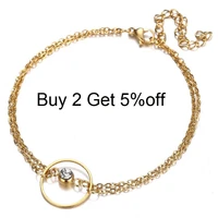 double layer thin chain stainless steel circle shiny crystal charm bracelet for women gold silver color metal circle bracelet