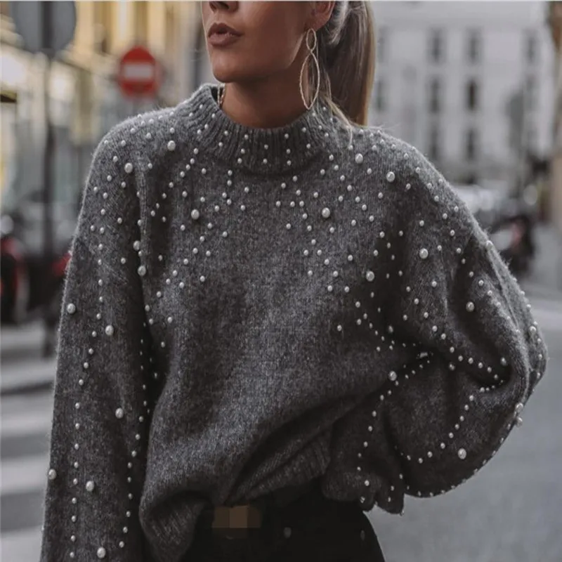 

Autumn Winter Women Sweater Pullover Long Sleeve and Loose and Pearl Decorated Ladie Knitted Knitwear O Neck Casual Female Tops