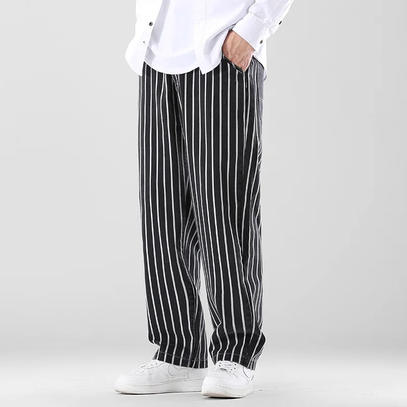 

2021 Autumn New Men's Striped Denim Wide-leg Pants Korean Style Fashion Elastic Waist Baggy Jeans Male Brand Clothes