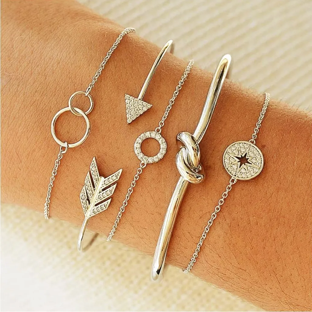 

5 шт./компл. женский браслет в богемном стиле, простые круглые геометрические браслеты со стразами и стрелками, модный набор регулируемых от...