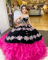 2022 vintage embroidered quinceanera dresses mexican theme velet organza ruffles strapless ball gown sweet 16 dress prom gowns