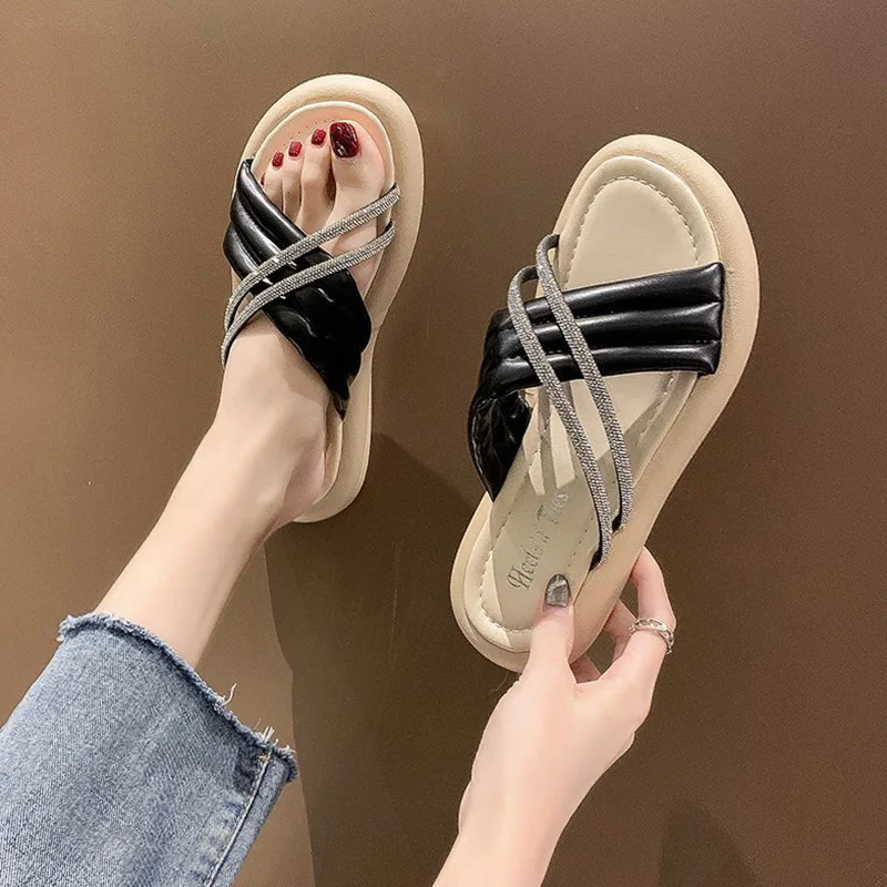

Beach Shoes Ladies' Slippers Cross-Tied Slipers Women Platform Luxury Slides Low Sabot Flat 2021 Designer Summer PU Cross-Tied S