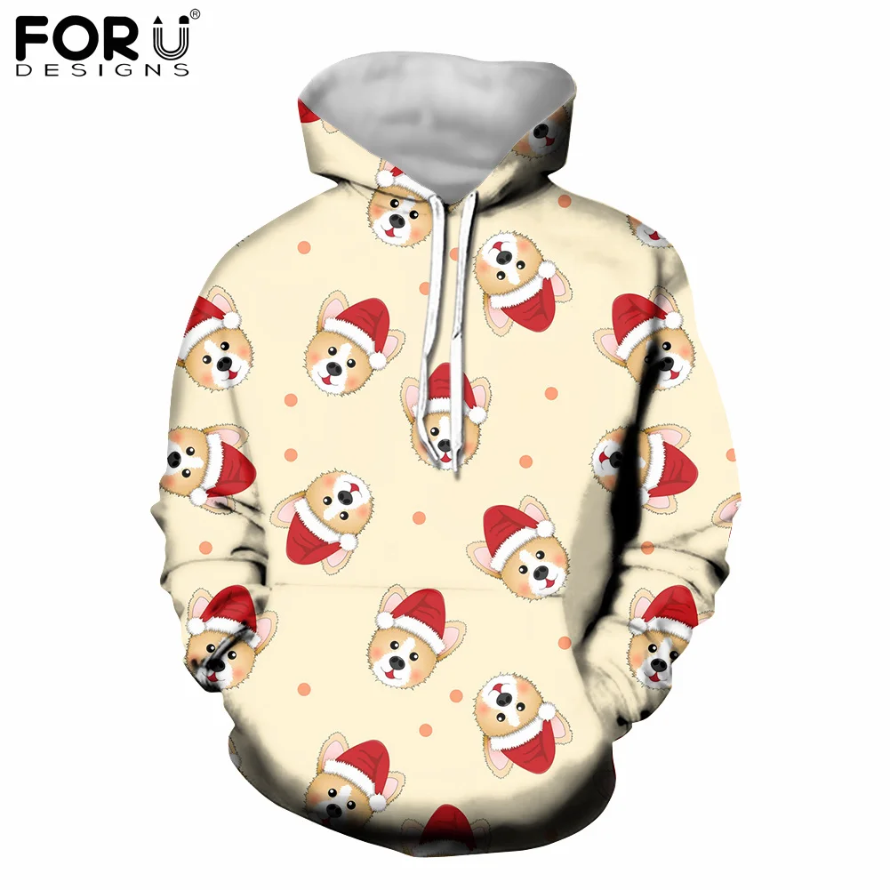 

FORUDESIGNS Christmas Gift Women Hooded Sweatshirts Cute Corgi Christmas Hat Autumn Clothing for Ladies Female Sweater Tracksuit