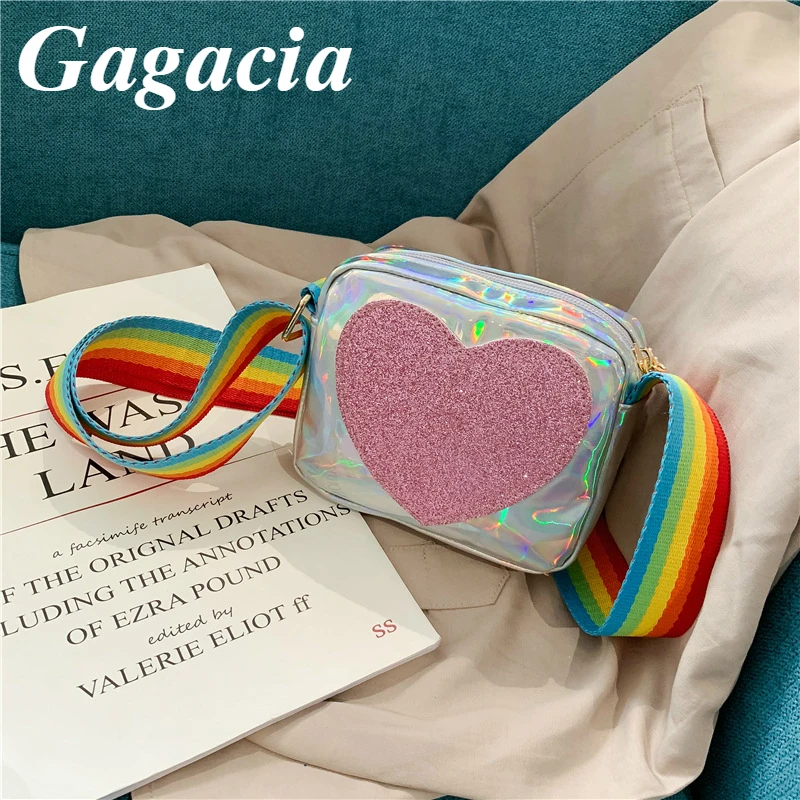 

Gagacia Children Girls Fashion Shoulder Bags 2021 New Korean Version Laser Lacquer Bag PU Sequins Heart Crossbody Children's Bag